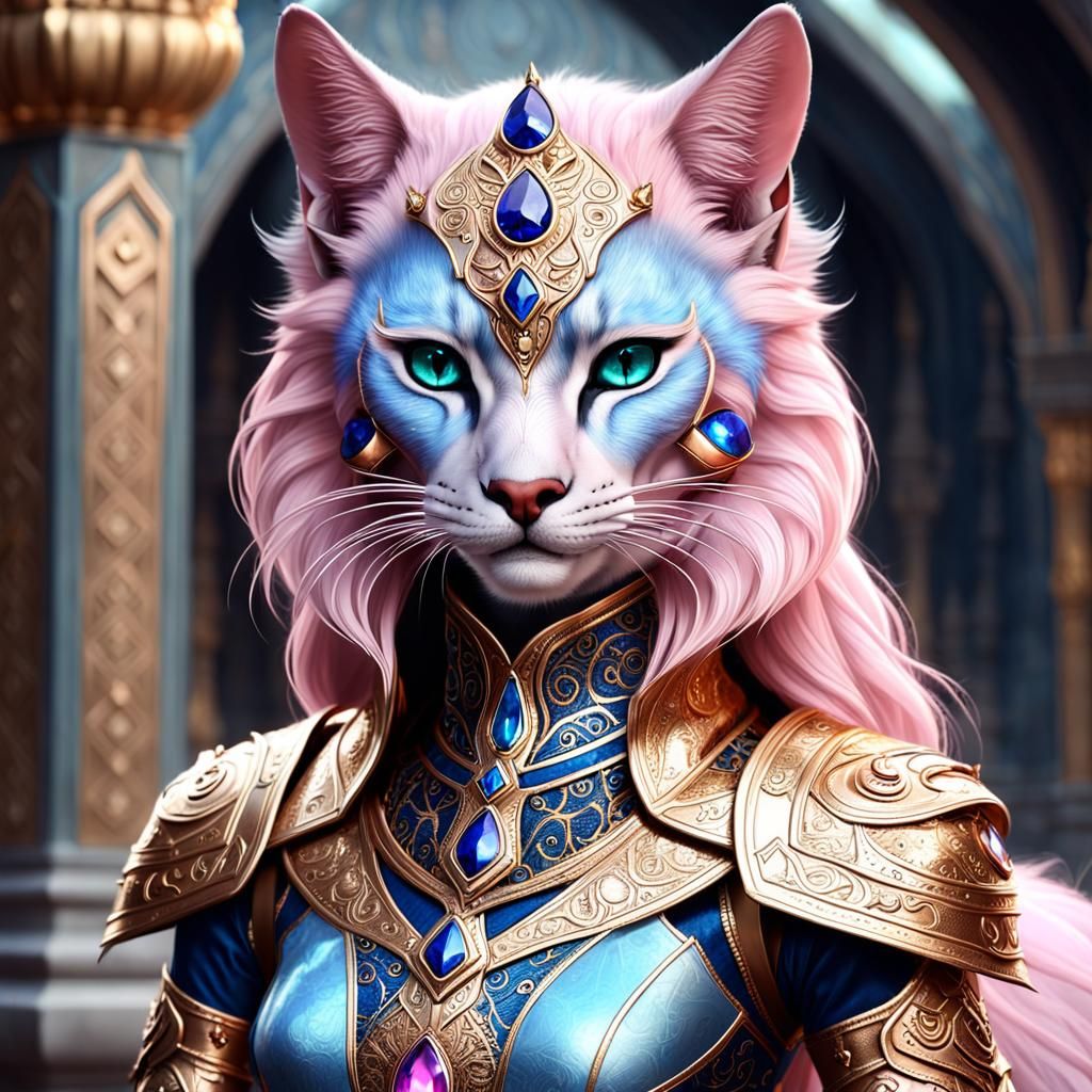Feline Goddess in Opulent Rose Gold Armor