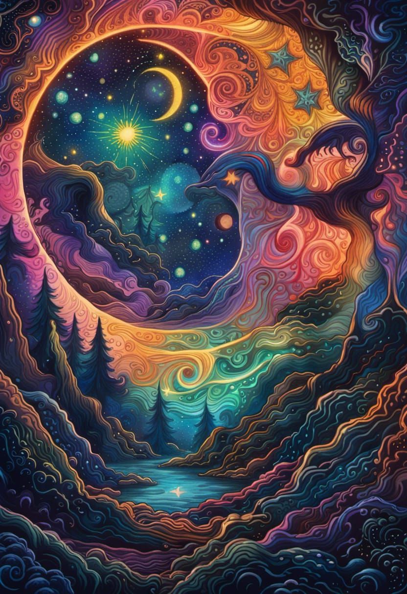 colourful woodcut style, deep night with stars in the sky 8k...