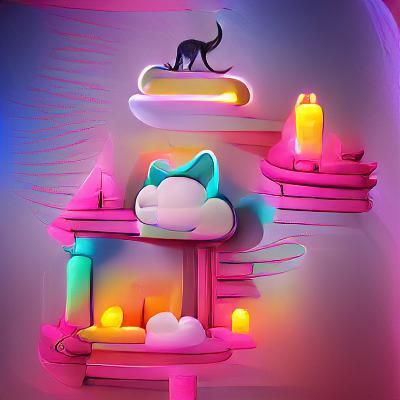 Neon Cat Shrine in the Clouds: 3D Render