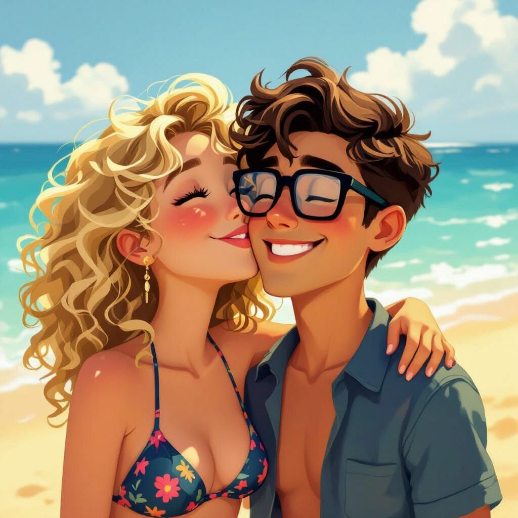 Joyful Couple Kissing on Sunny Beach in Illustrative Style