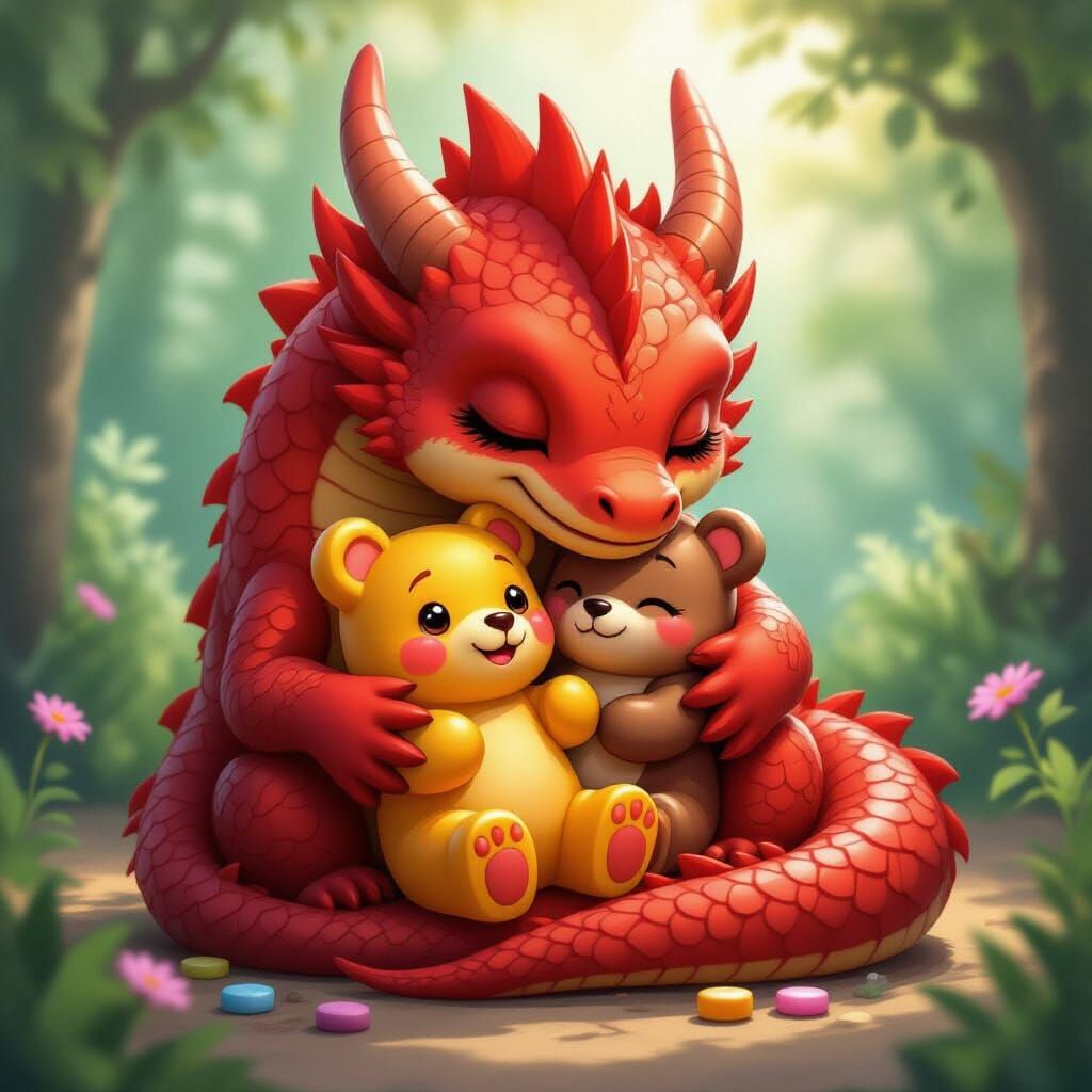 Red Dragon Hugs Gummy Bear: Digital Art