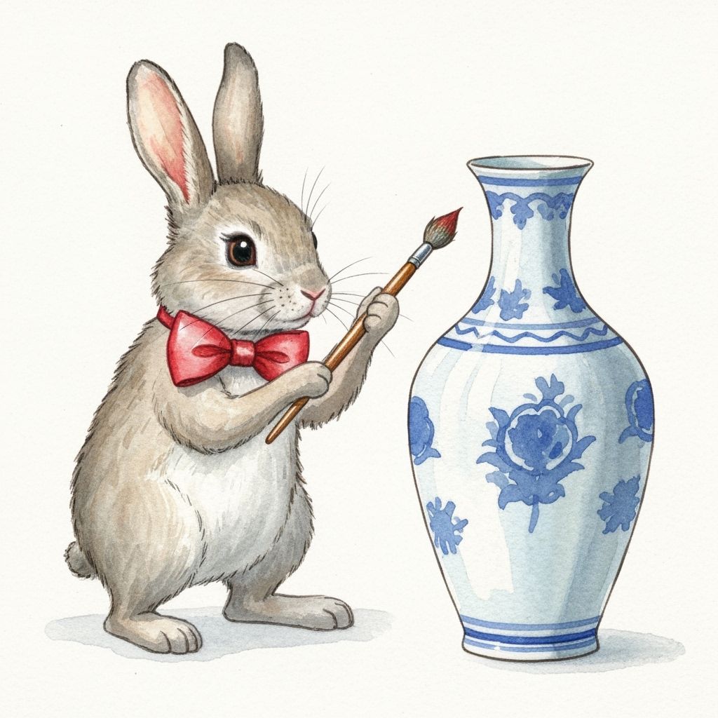 Cute Rabbit Painter in Red Bow Tie, Watercolor Style