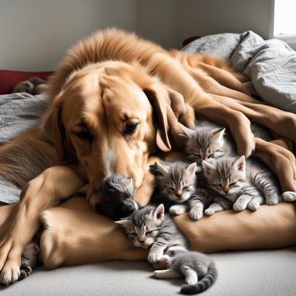 Dog Napping with Kittens