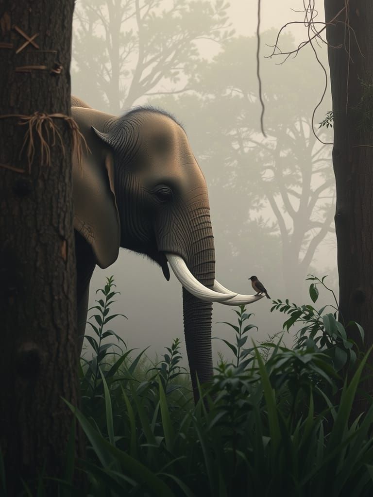 Misty Jungle Elephant with Bird on Tusk