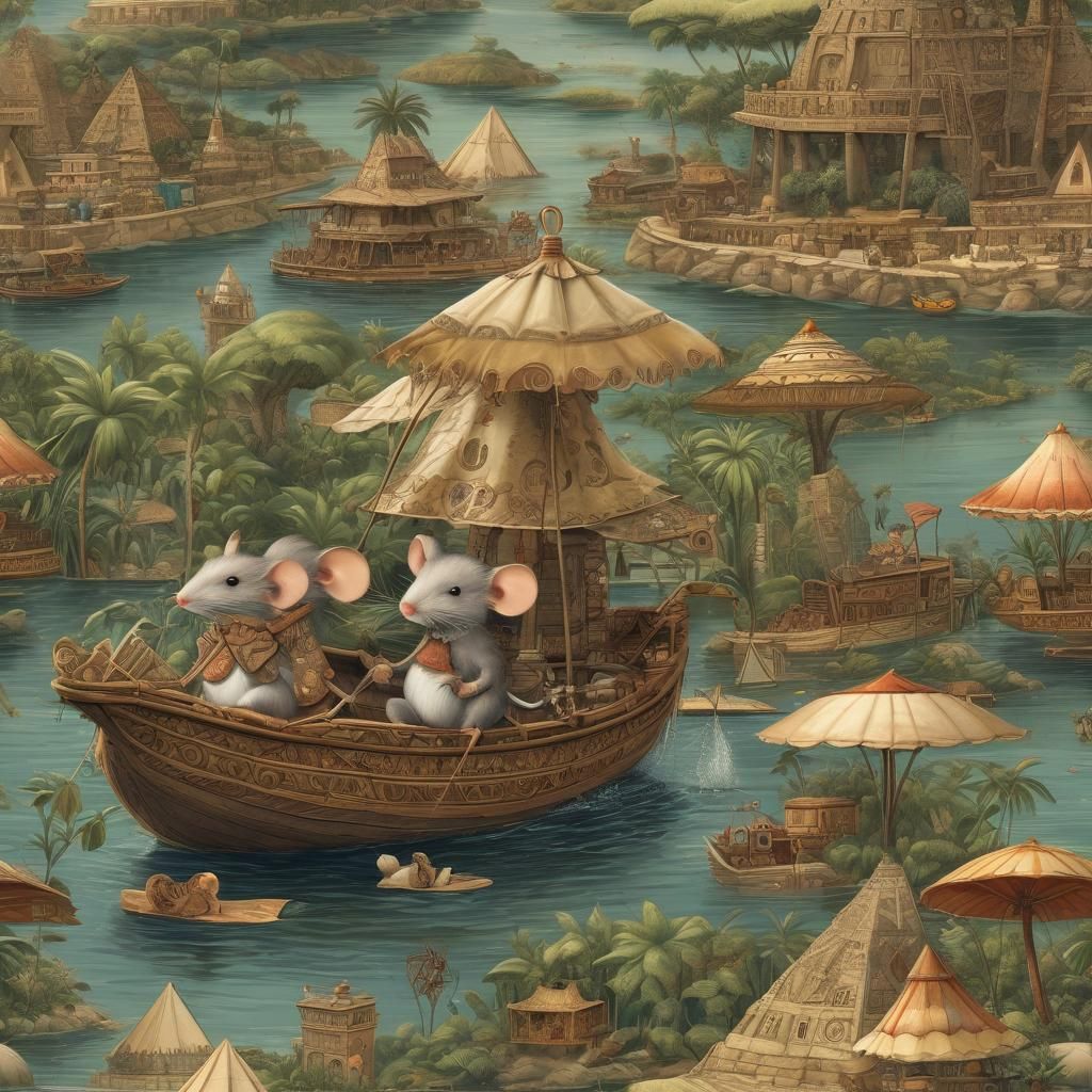 Mouse Family Travels the Nile in Umbrella Boat