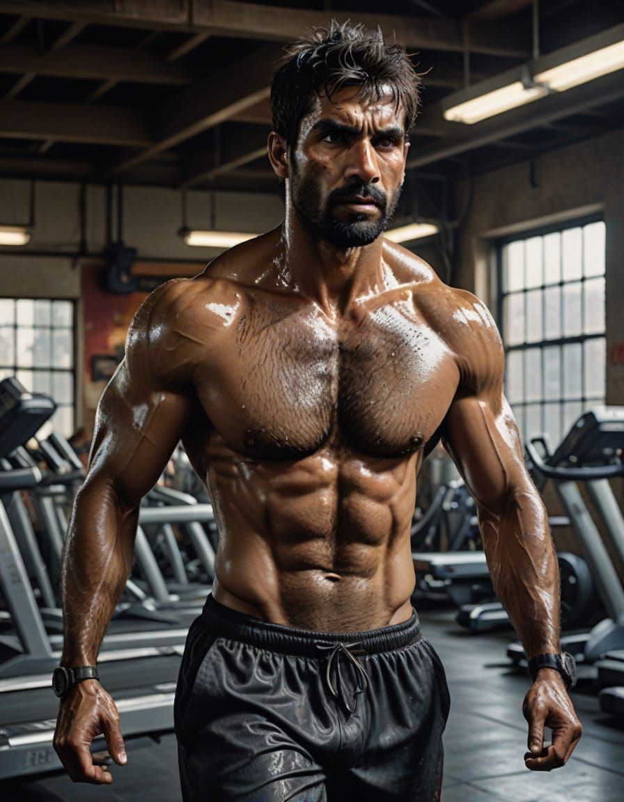 Sweaty Runner on Treadmill in Modern Gym