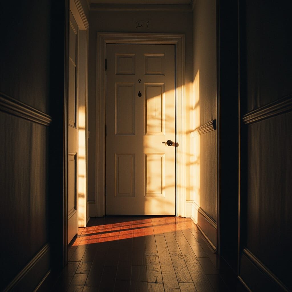 Ominous Apartment Door 213 in Dim Hallway, Cinematic Light