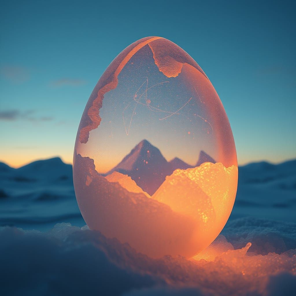 Frozen Mountains Inside Crystal Egg: Hyperrealistic Art