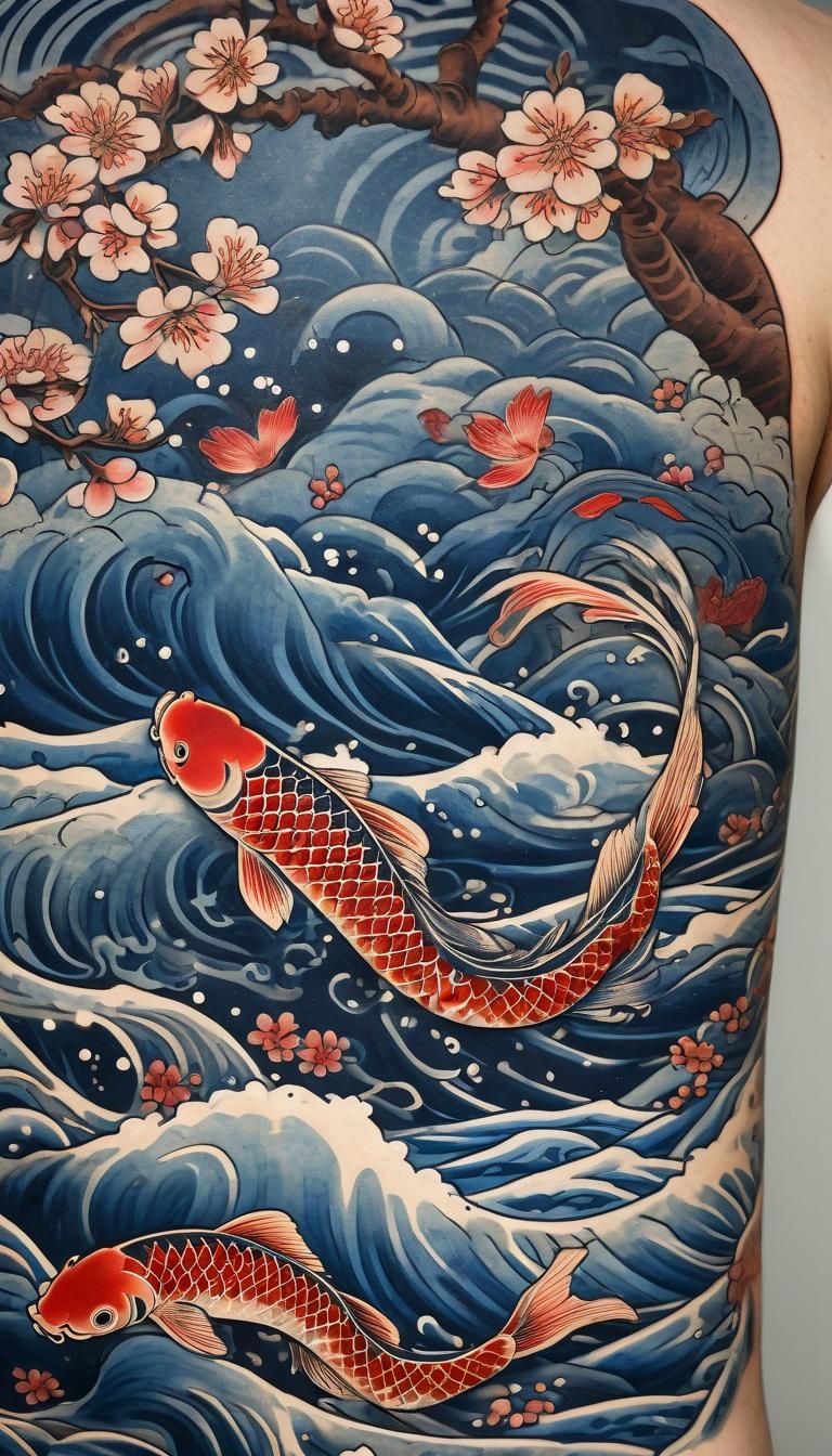 Japanese Ukiyo-e Tattoo Art: Cherry Blossoms and Koi