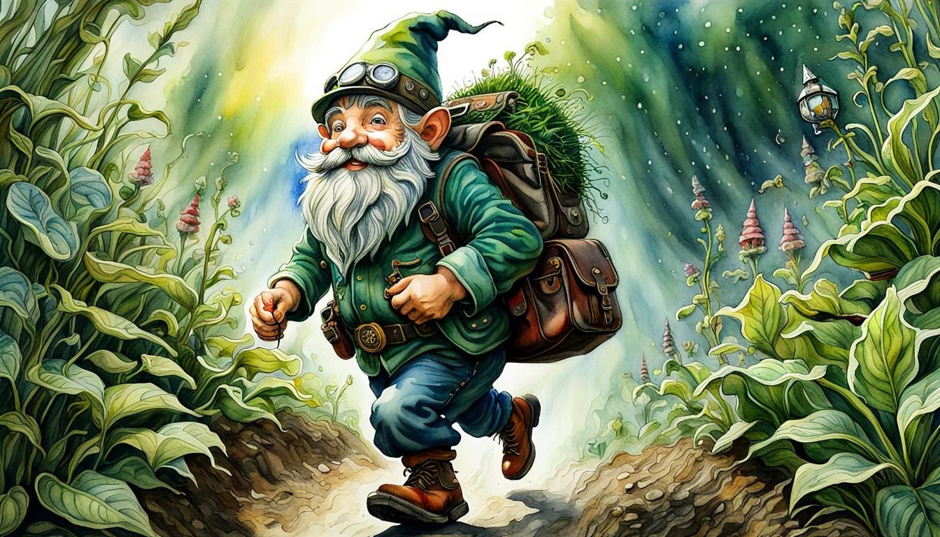 Gnome in a Hurry: Watercolor Steampunk Scene