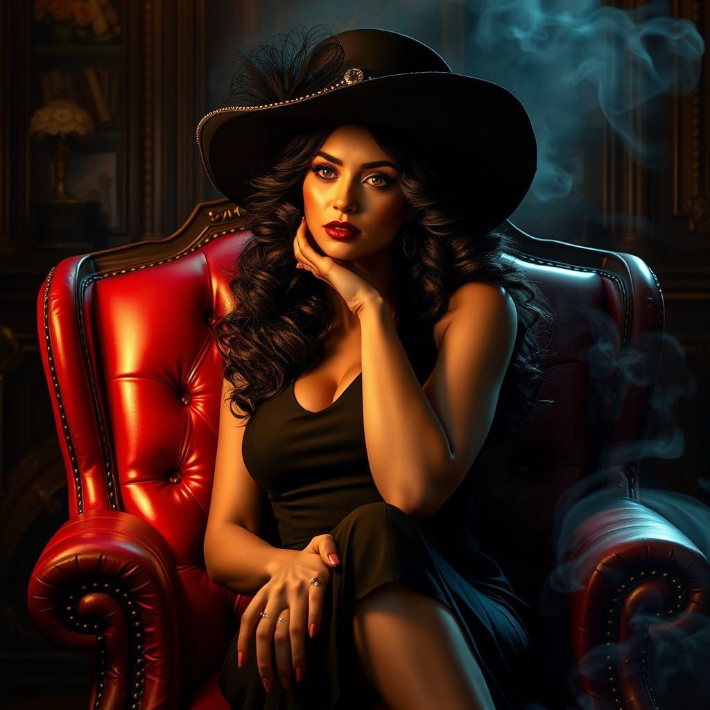 Elegant Woman in Crimson Leather Armchair