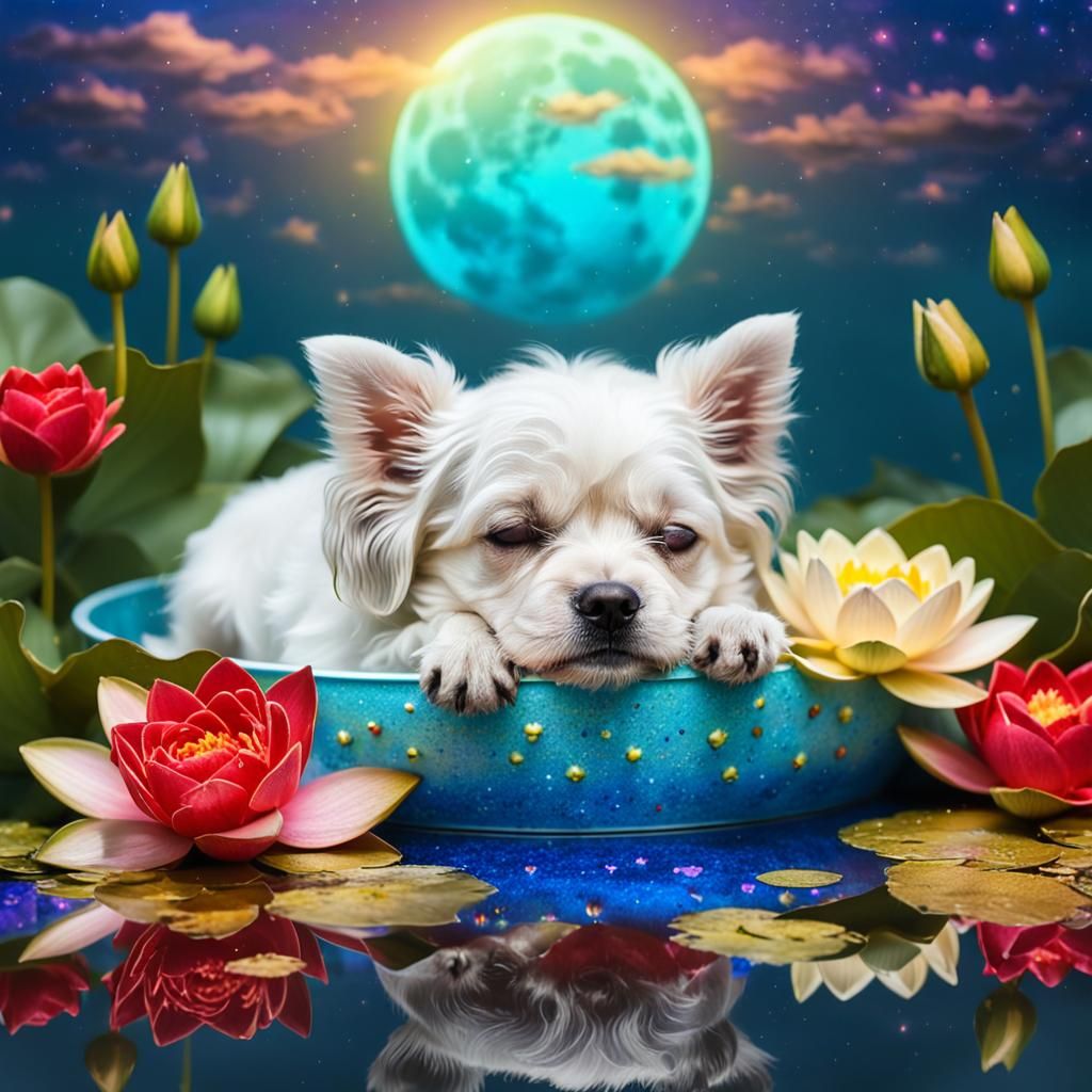 Sleeping Dog Under Blue Moon in Starry Night
