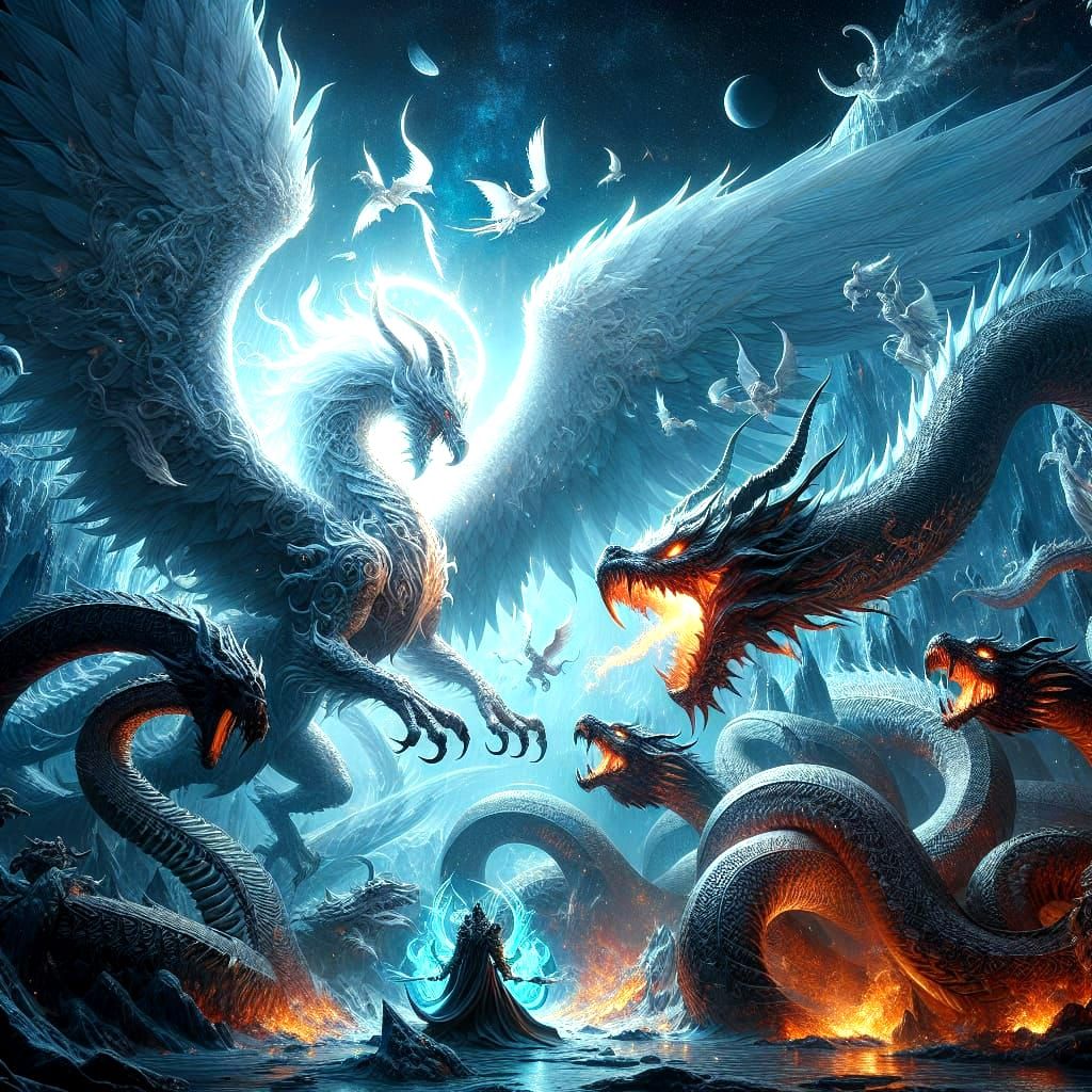 Angelic Dragon vs Demonic Snake in Dark Fantasy Art