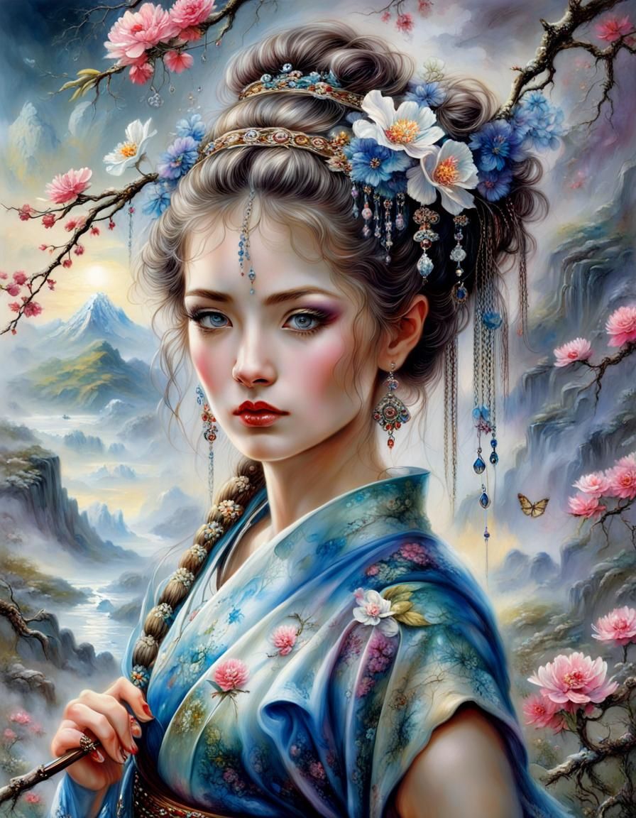 Japanese Style Portrait with Blooming Landscape