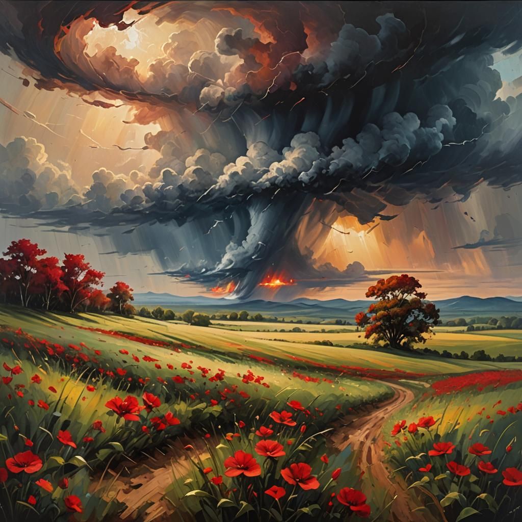 Red Flowers and Distant Tornado: Dramatic Oil Painting