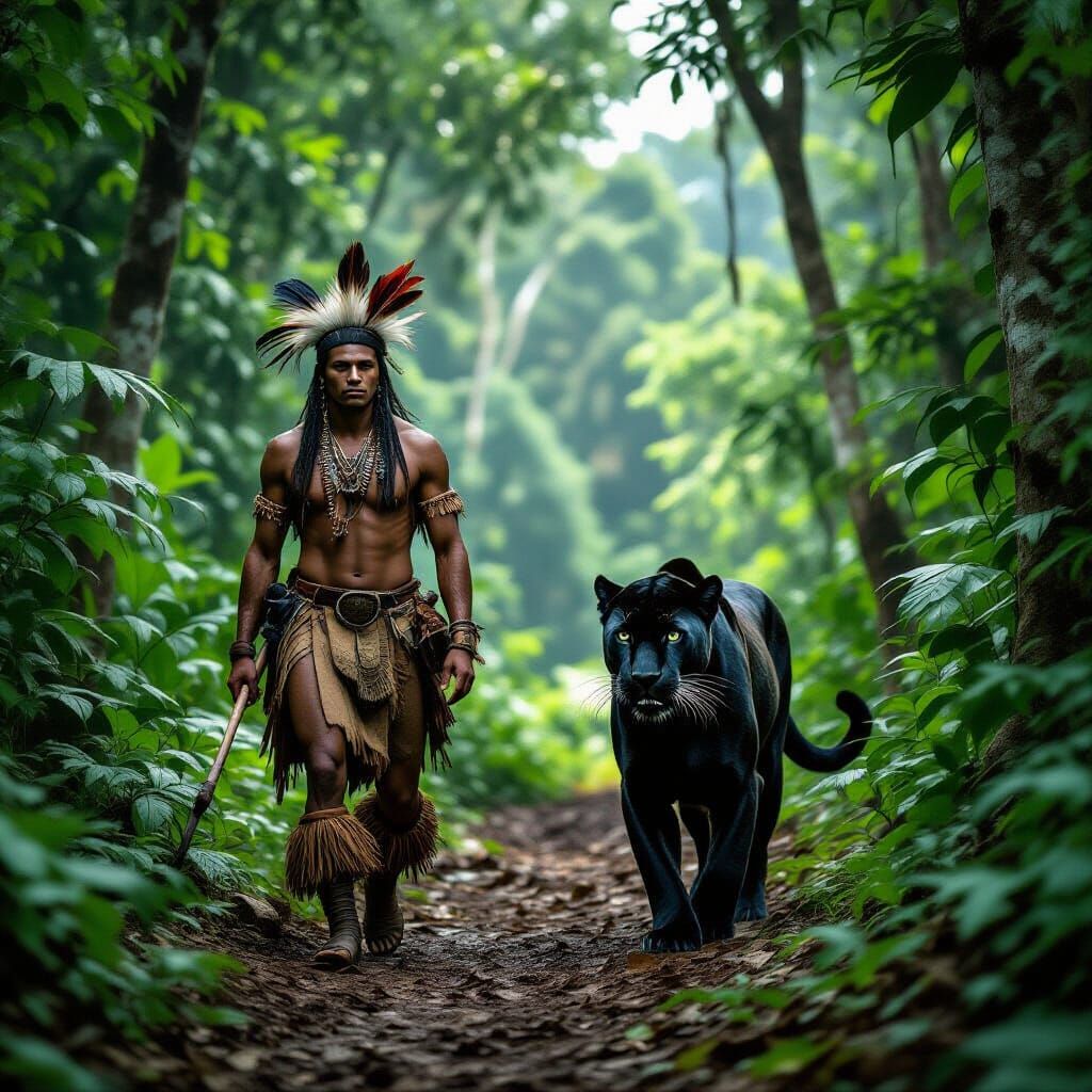 Tribal Hunter and Panther in Tropical Forest