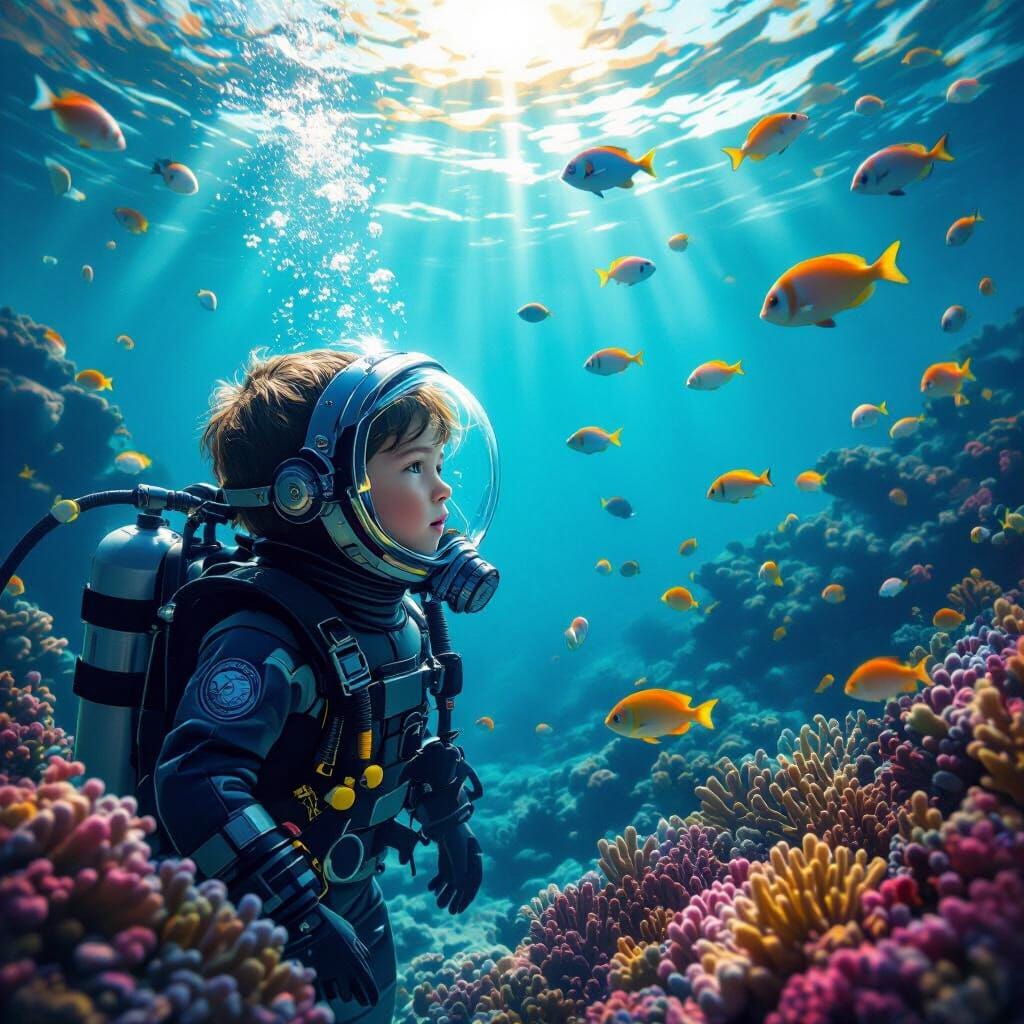 Boy in High-Tech Diving Suit Explores Coral Reef