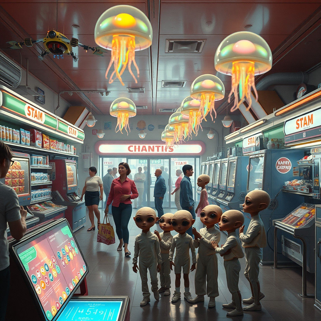 Retro-Futuristic Alien Gas Station with Android Workers