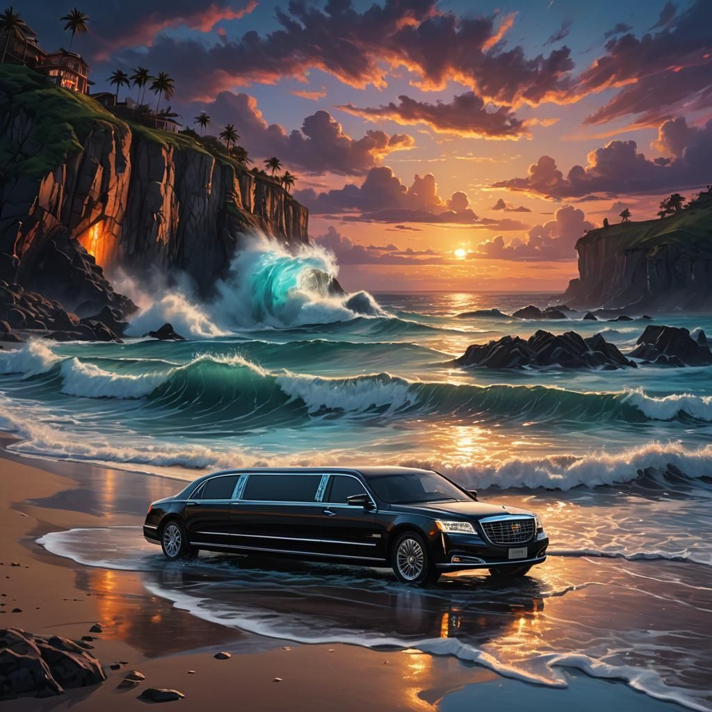 Bioluminescent Waves at Sunset: A Fantasy Landscape