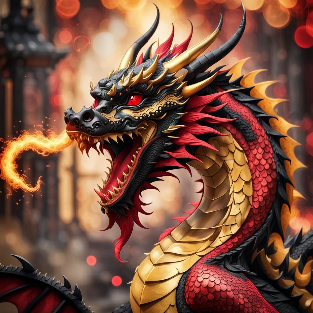 A mustard gold, red and black gothic  asian dragon  breathin...