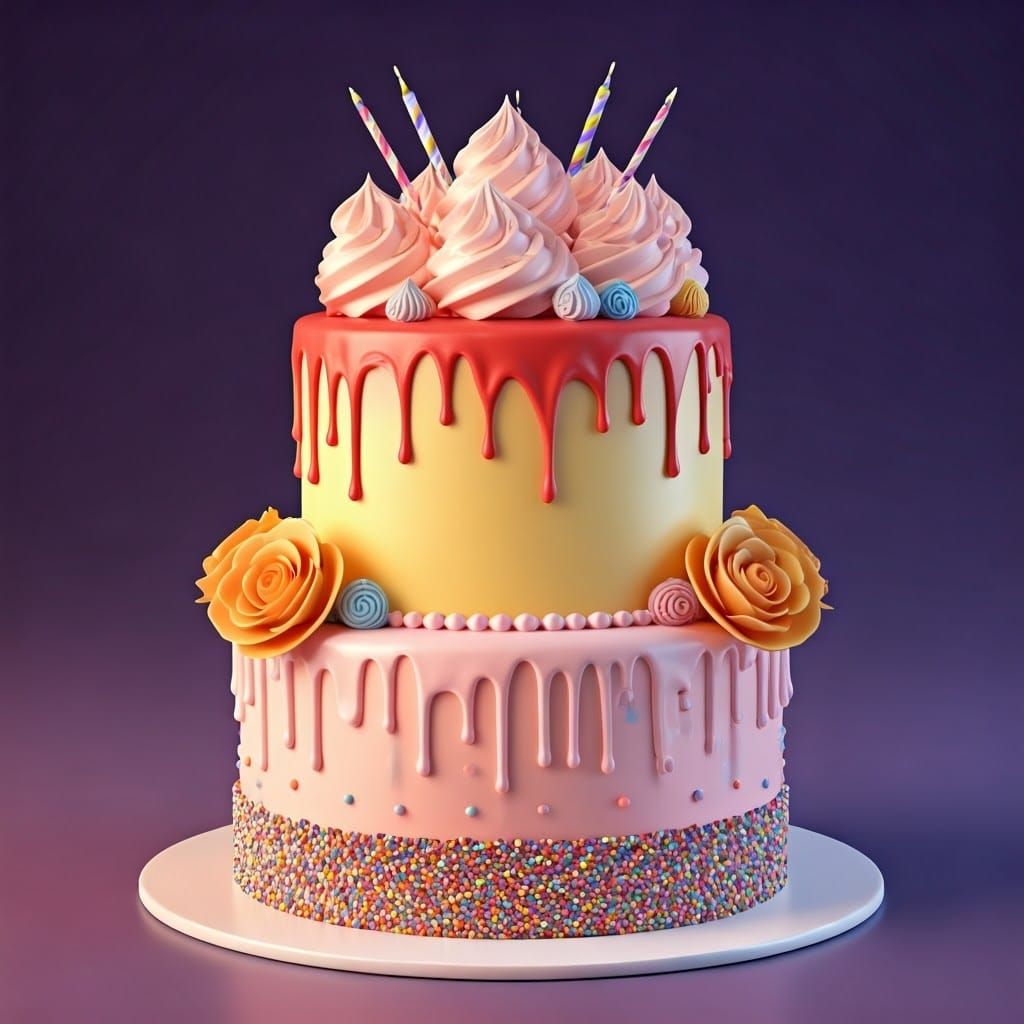 Vibrant Birthday Cake in Anime Art Style