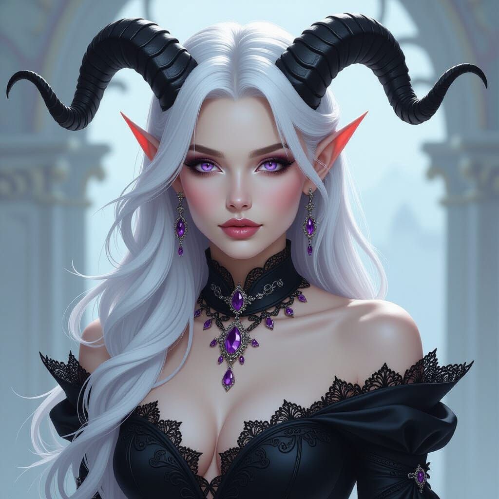 Elegant Tiefling Sorceress in Black Dress