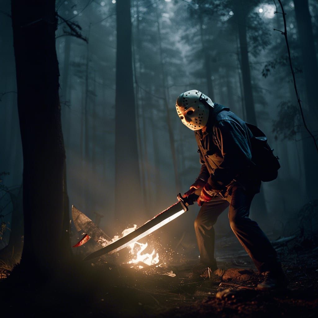 Jason Voorhees Attacks Camper in Dark Forest