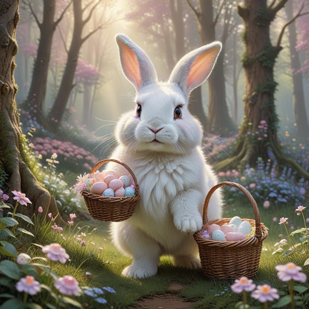 Whimsical White Bunny in Enchanted Forest