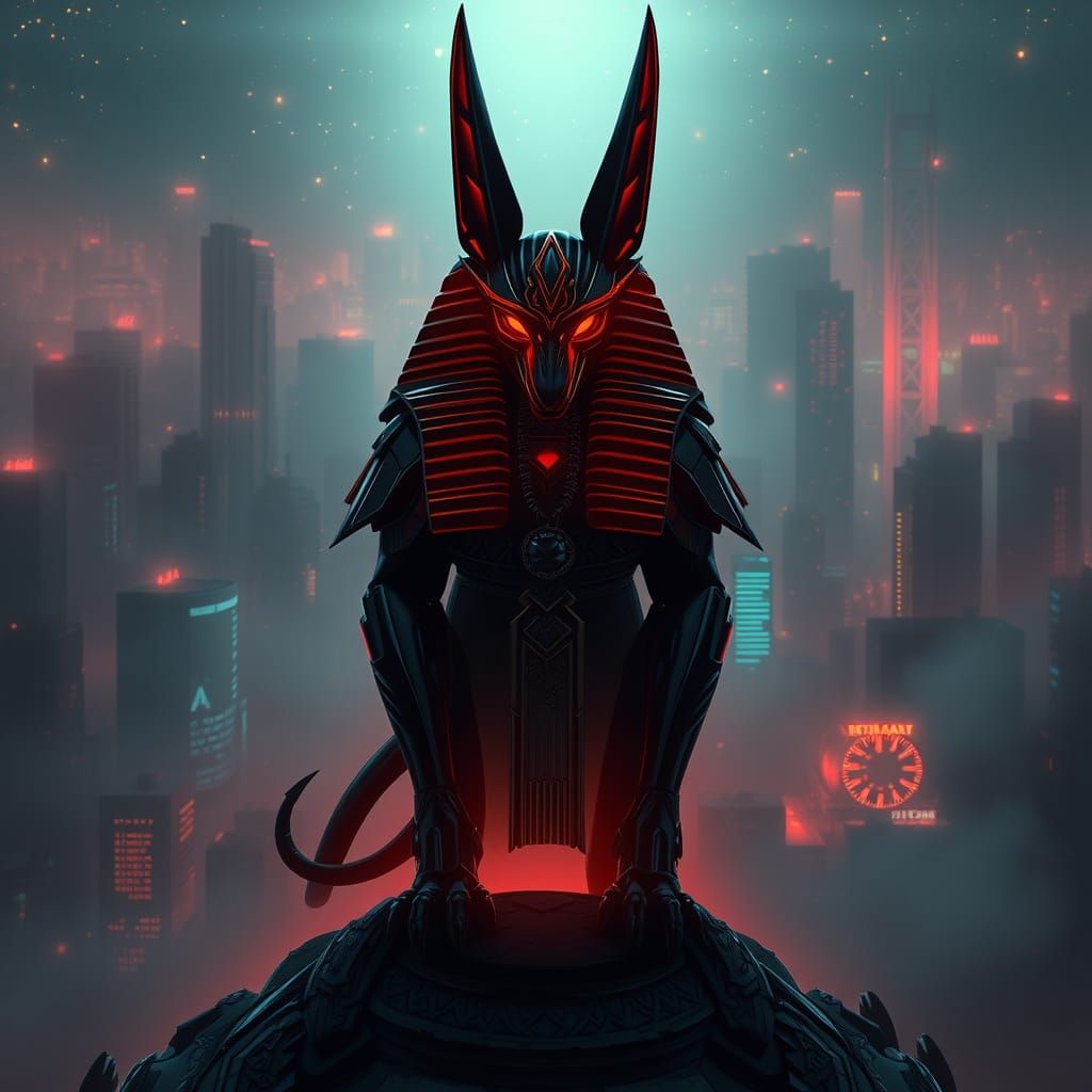 Ancient Egyptian God Anubis Reigns in Cyberpunk Cityscape
