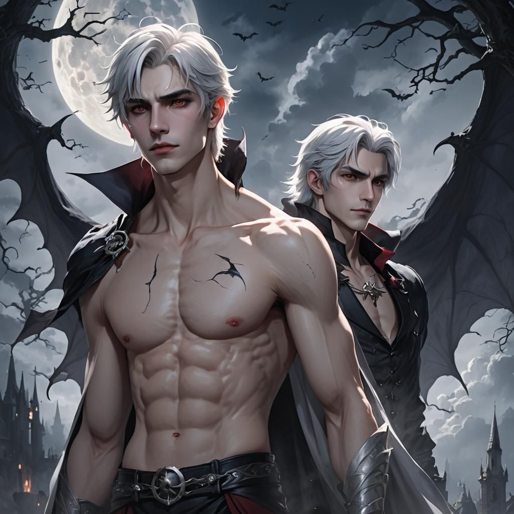 Youth Beside Dracula in Dark Fantasy Anime Style