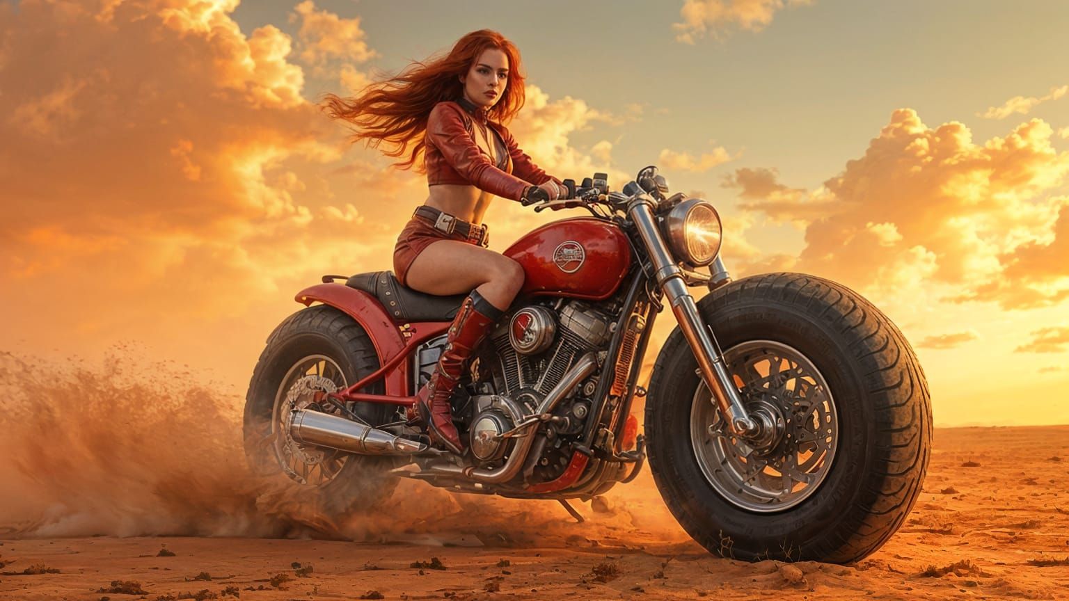 Red-Haired Pinup Warrior on Retro-Futuristic Space Bike