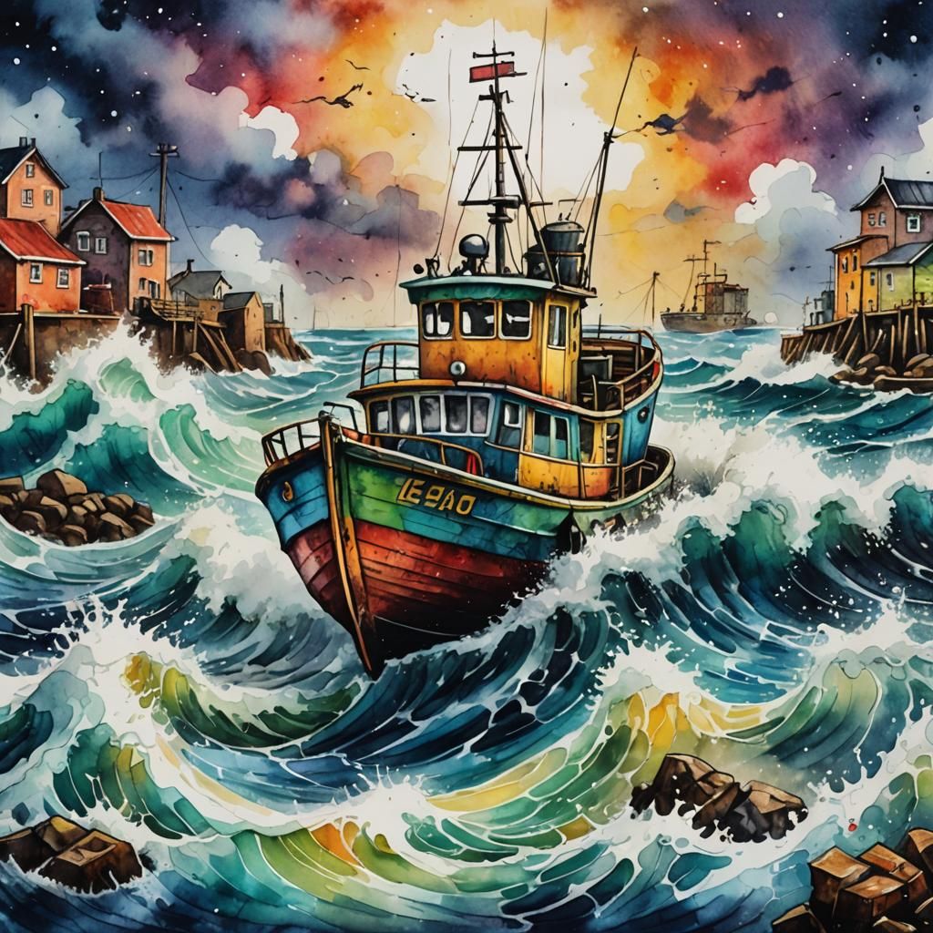 Stormy Seascape: Fishing Boat in Art Brut Style