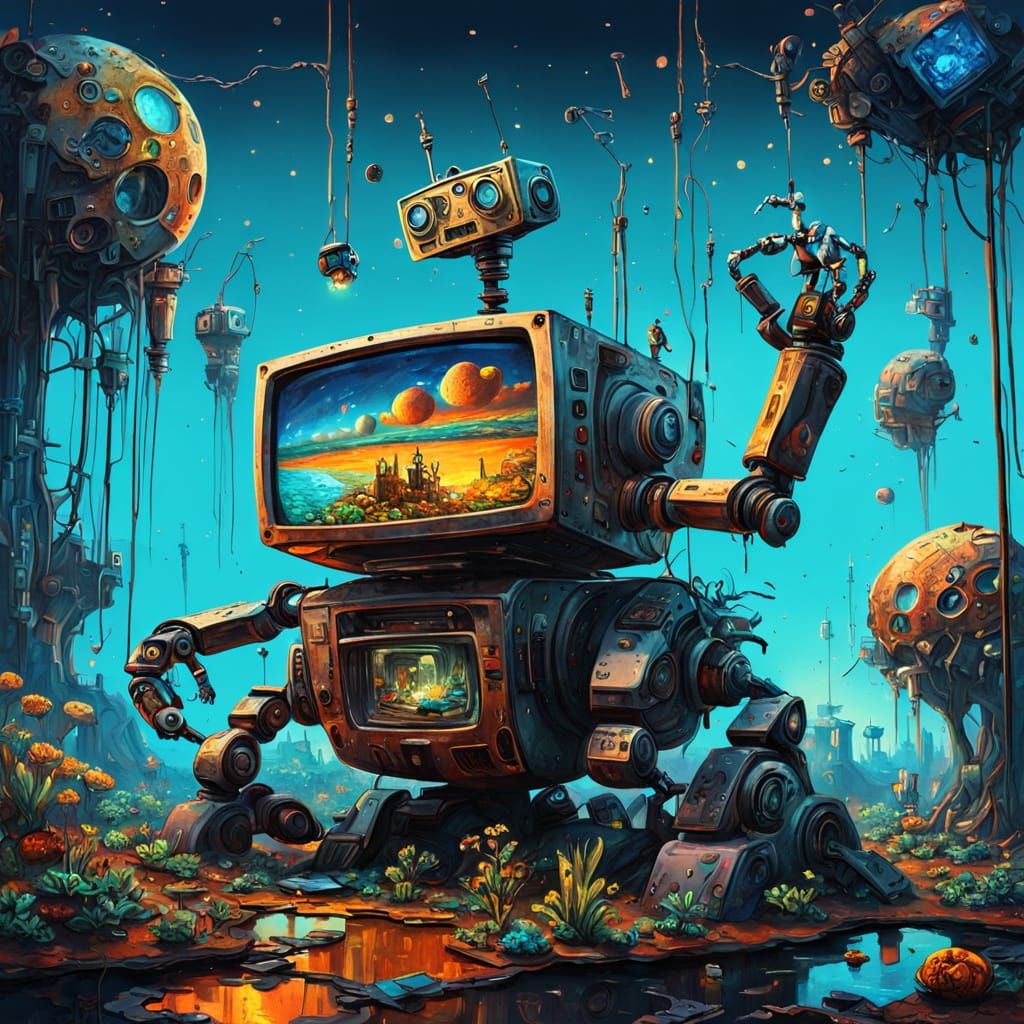 Robot Gardener on Floating Island: Surreal Oil Painting