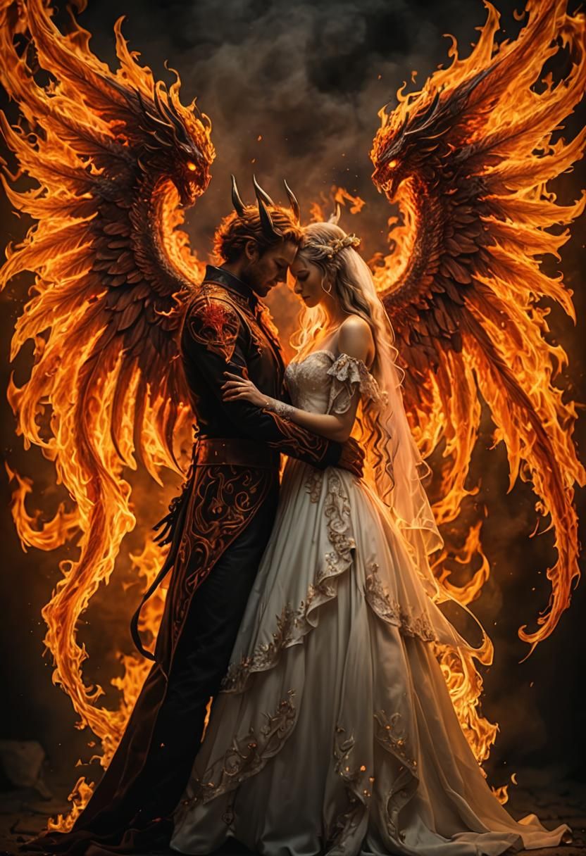 Fire Devil and Angel Wedding with Wings