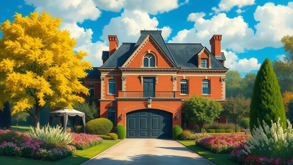 Grand Brick Chateau with Vibrant Garden