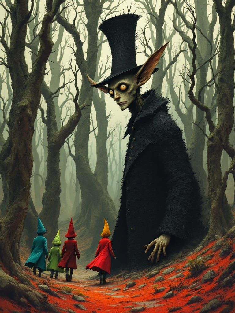 Surreal Figure Watches Colorful Figures Pass in Dark Whimsic...