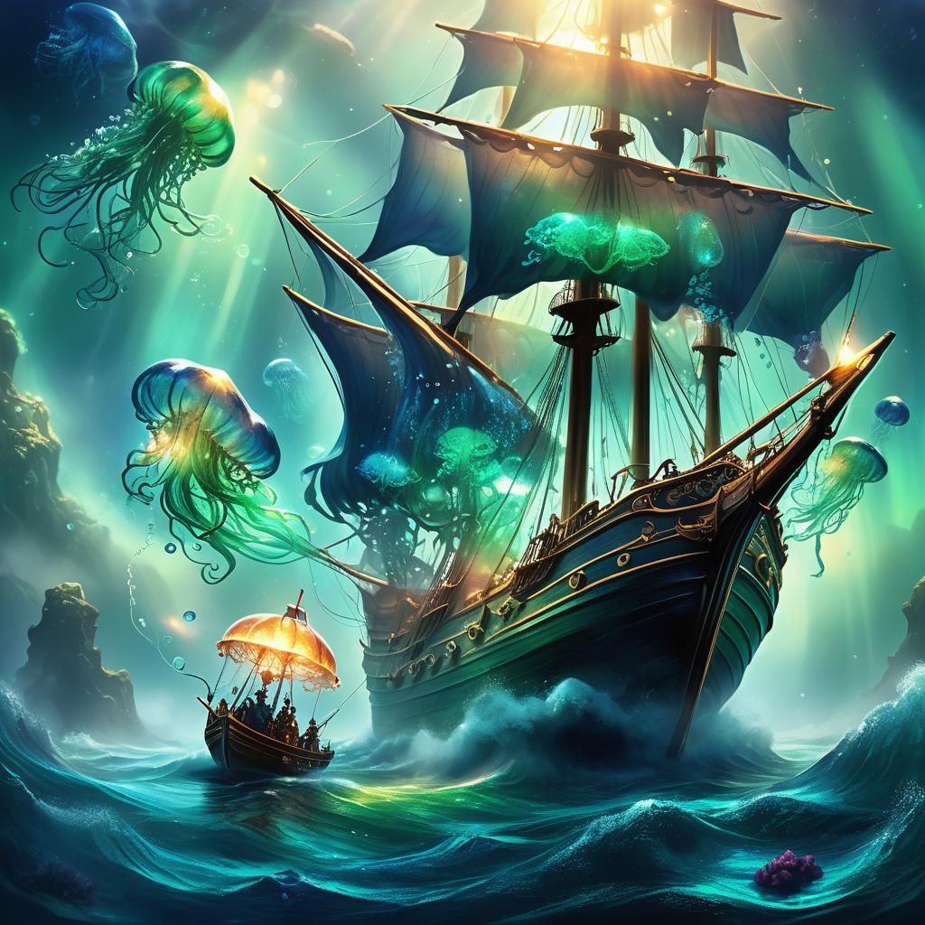 Regal Sailing Ship in Dreamlike Ocean, Digital Art