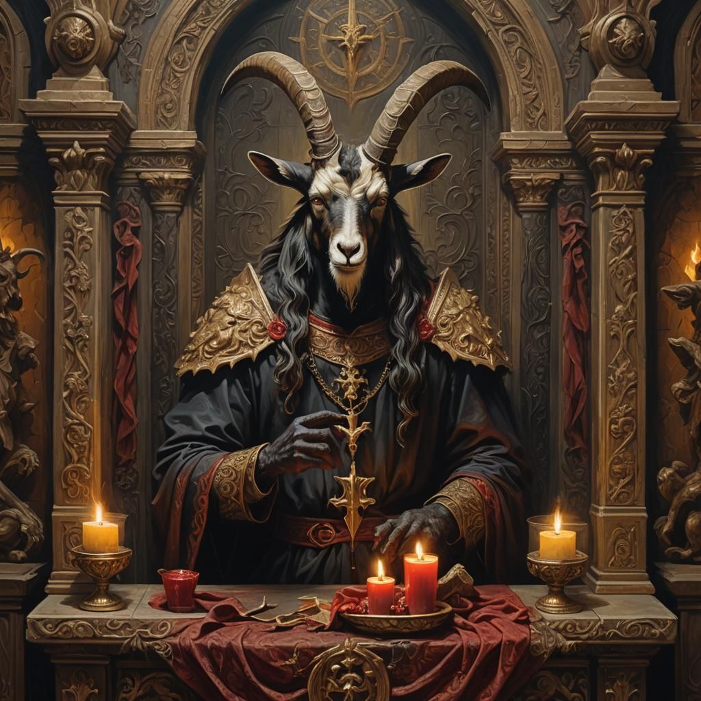 Goat-Headed Baphomet at Medieval Altar in Gothic Style