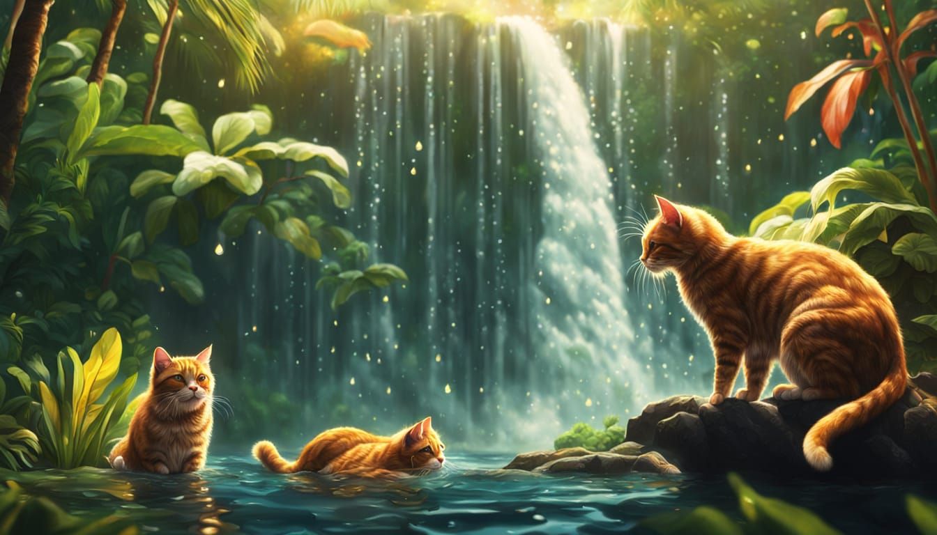 Cats Playing Under Waterfall in Hawaii