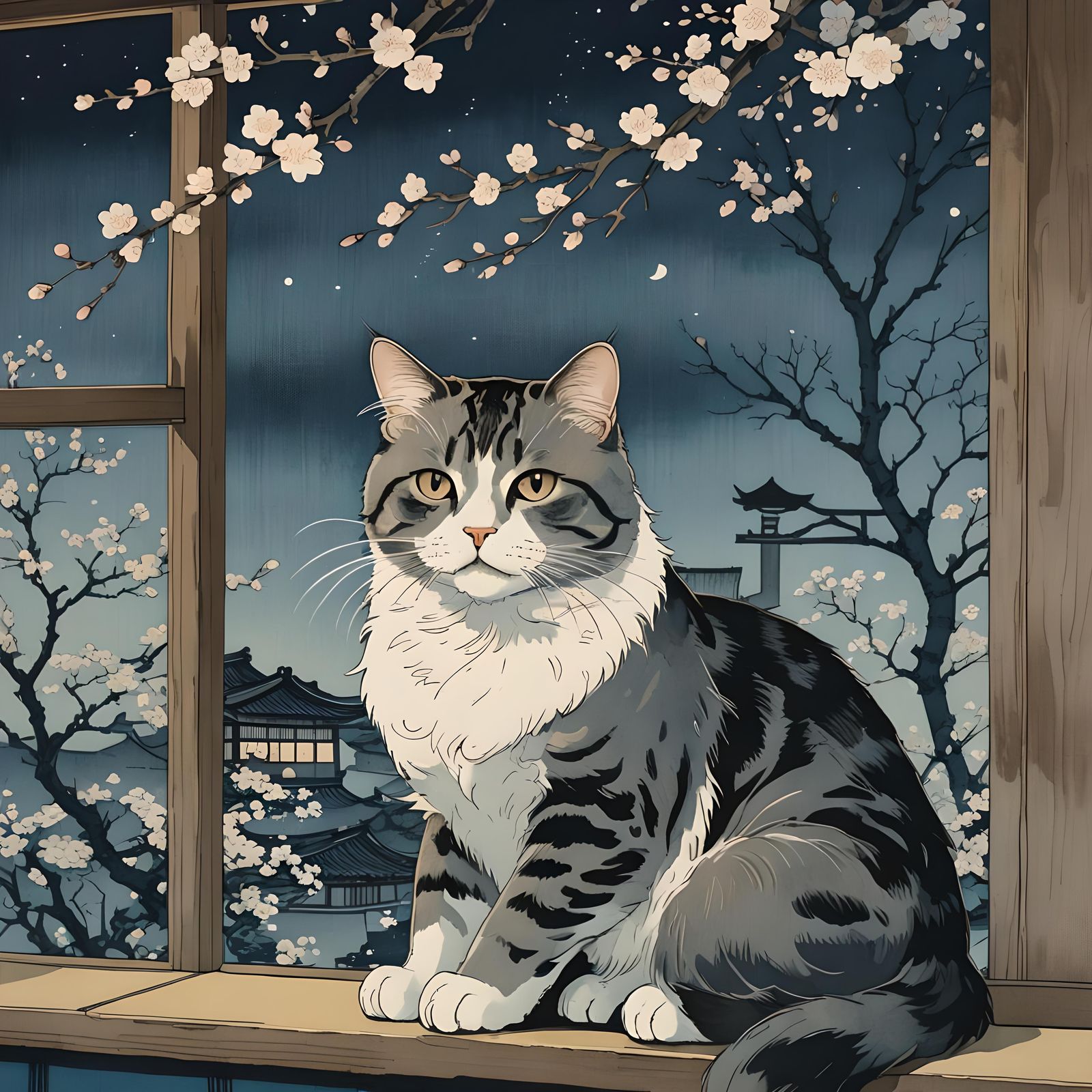 Cat on Windowsill in Ukiyo-e Style with Cherry Blossoms