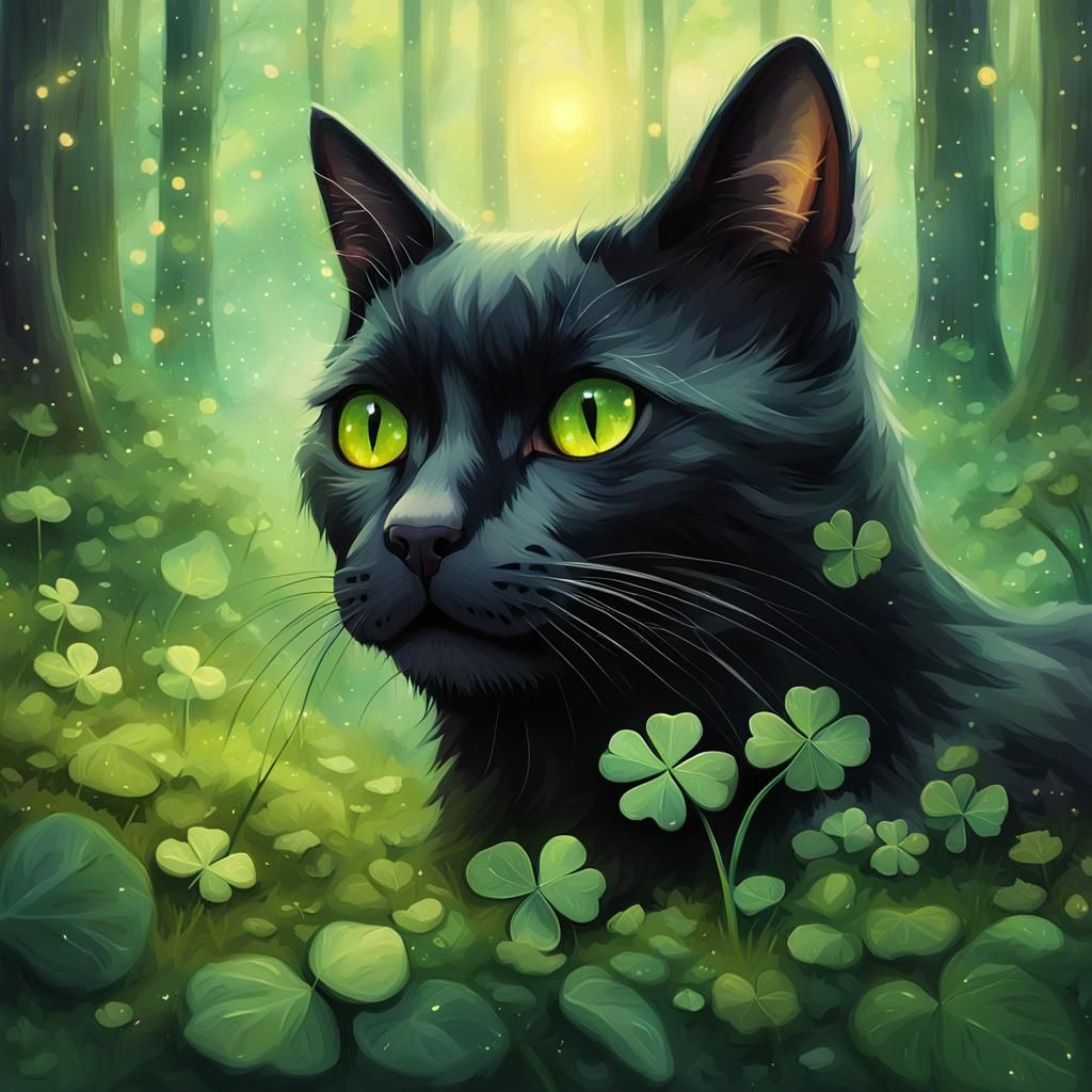 Black Cat Through Clover in Mystical Forest, Digital Oil Pai...