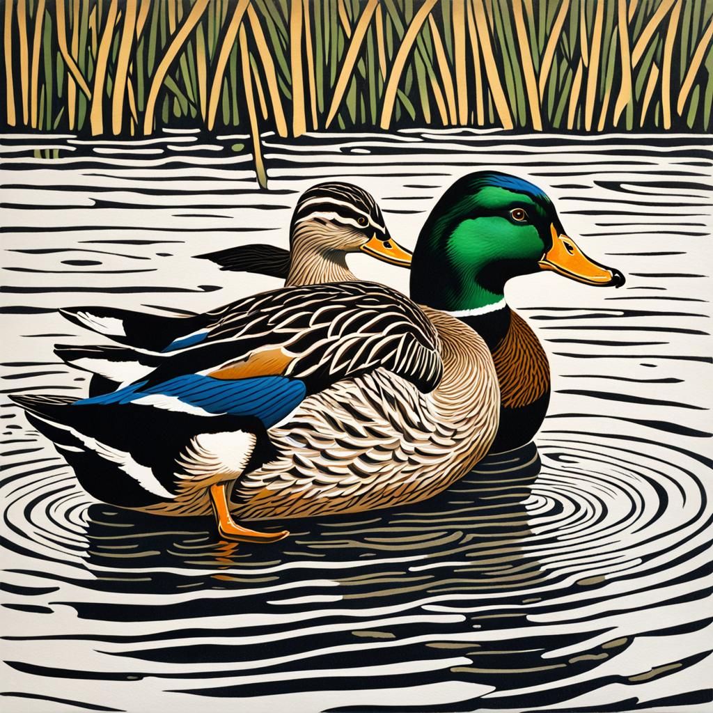 Detailed Linocut of Mallard Ducks