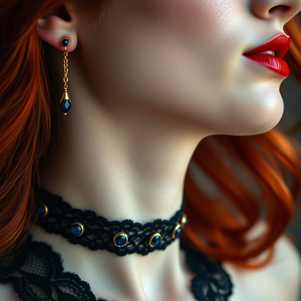 Hyperrealistic Portrait of a Redheaded Woman in a Black Lace...