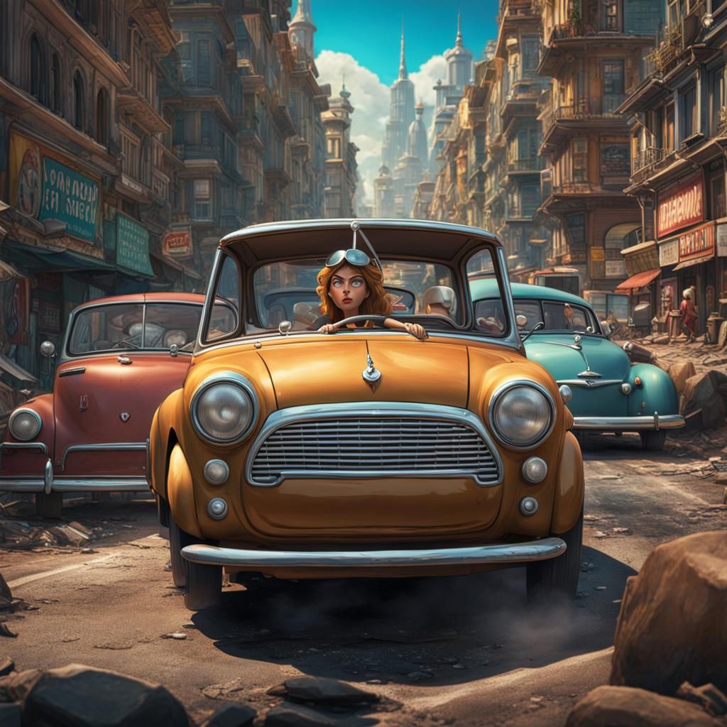 Distressed Woman Driving in City Cartoon