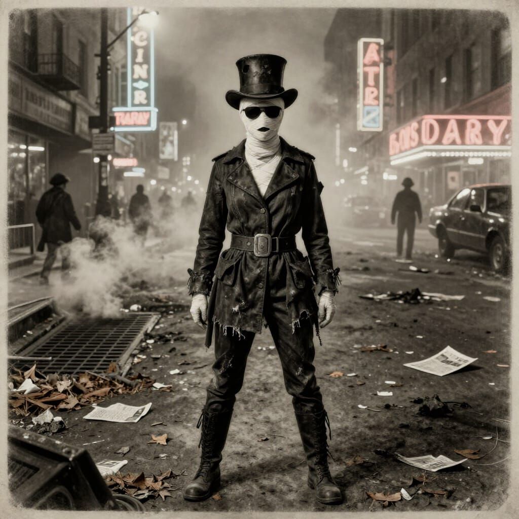 Mummy in Foggy 1970s New York Street Scene