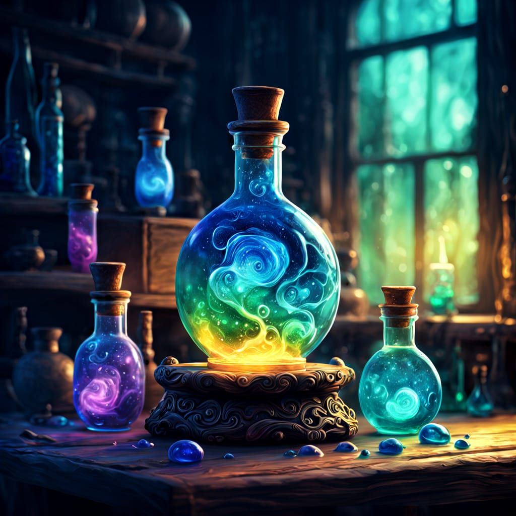 Vibrant Magical Potion in Rustic Alchemy Lab