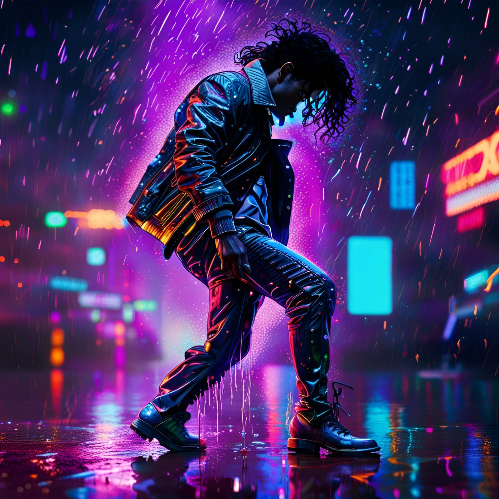 Michael Jackson moonwalking in the neon rain of a cyberpunk landscape.