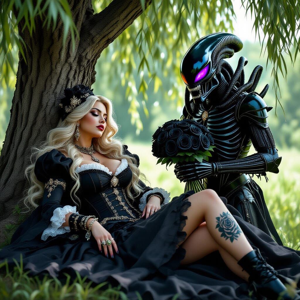 Gothic Woman and Xenomorph in Baroque Style
