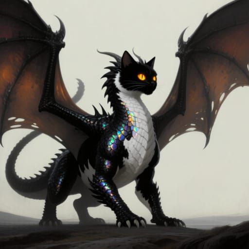 Colossal Tuxedo Dragon in Stormy Sky