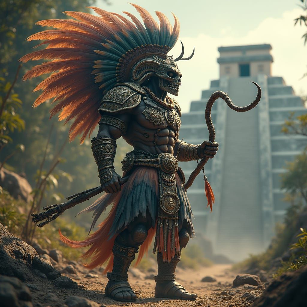 Mayan God Chaac Warrior by Pyramid